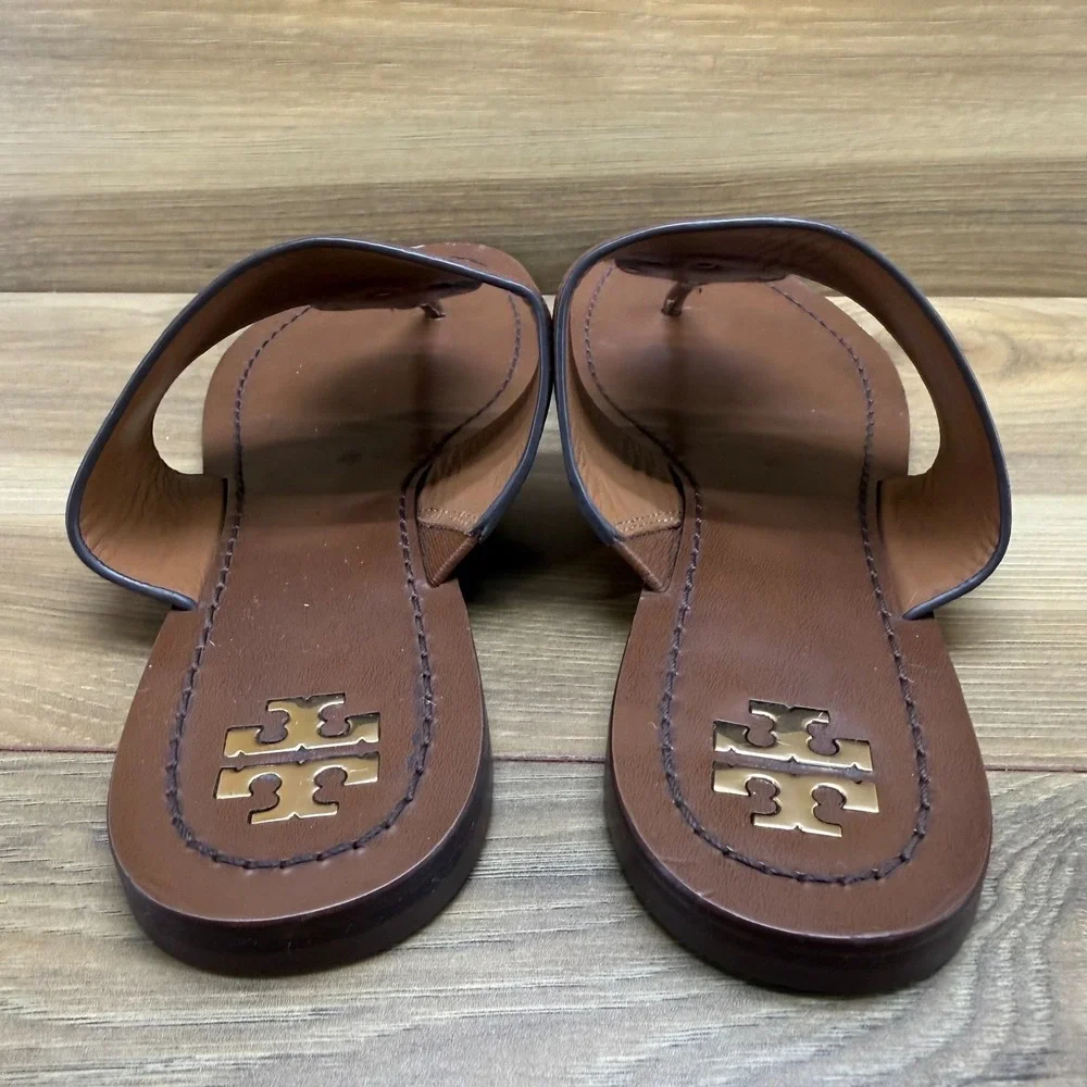 Tory Burch Patos‎ Disk Flip Flops 7 M Mou Tan Milled Calf Leather Resort Travel
